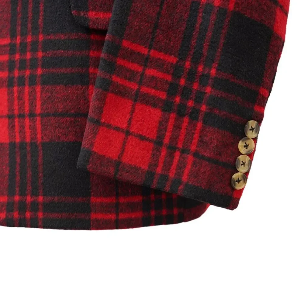 Mens 48R Red Black Plaid Check Wool Blazer Sport Coat Wedding Formal Party